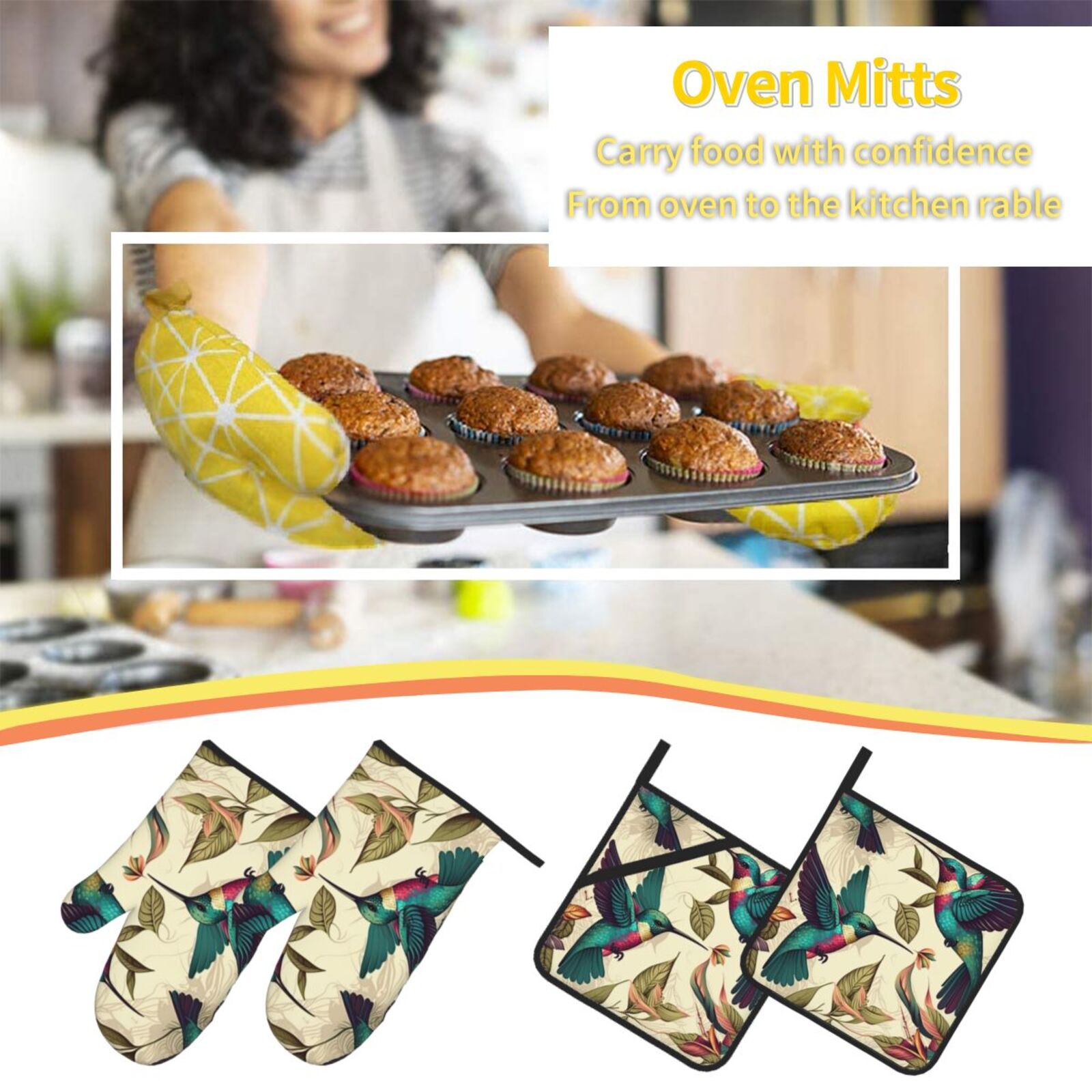Hummingbird Art Vintage 4Pcs Oven Mitts and Pot Holders Sets Oven Kitchen Gloves Hot Pads for Cooking BBQ Baking Grilling