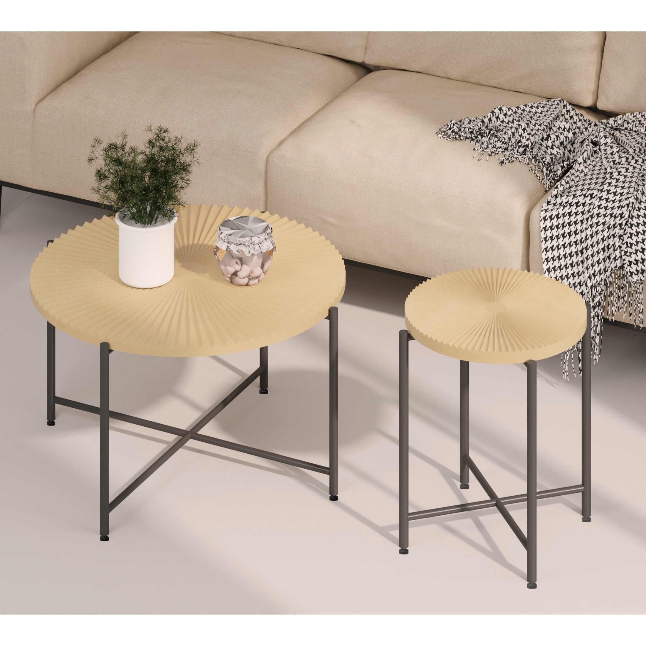 GDF Studio 2-Piece Rustic Coffee and End Table Set, Radial Pattern Tabletops, Black Metal Legs, Natural Oak