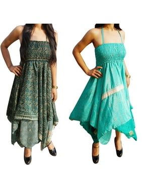 Mogul Lot Of 2 Womens Summer Dress Recycled Vintage Sari Handkerchief Hem Halter Neckline 2 Layer Gypsy Dresses XS