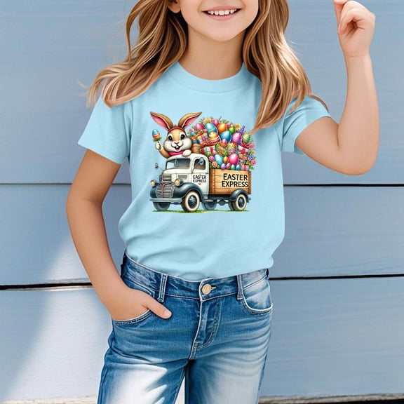 Gzbliryd Happy Easter T Shirt Short Sleeve Tees Graphic Easter T Shirts for Teen Boys Short Sleeve Tops (Light Blue,6-7 Years)