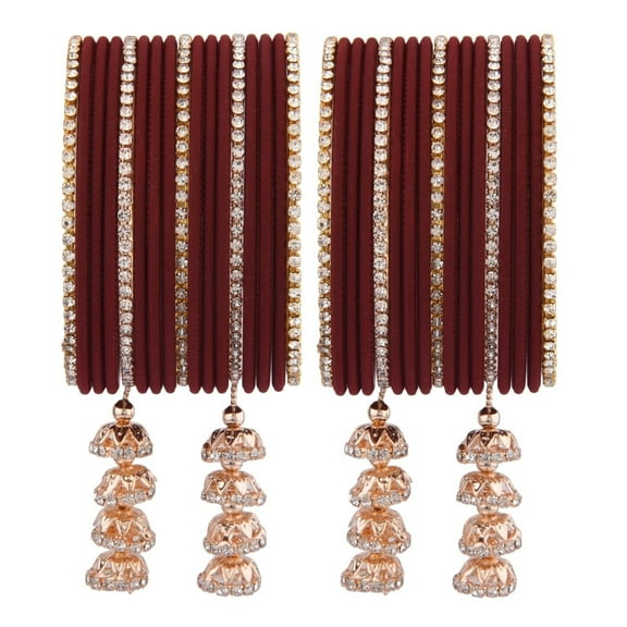 Efulgenz Indian Wedding Bridal Bangles Set Crystal CZ Rhinestone Plain Matte Finish Metal Bangles with Hanging Tassel Bracelet Jewelry For Women (34 Pcs) Size 2.4