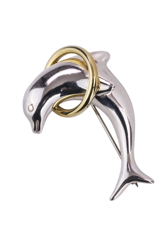 Pre-Owned Tiffany & Co. Dolphin Brooch, 925-750 Sterling Silver, Gold, Women's