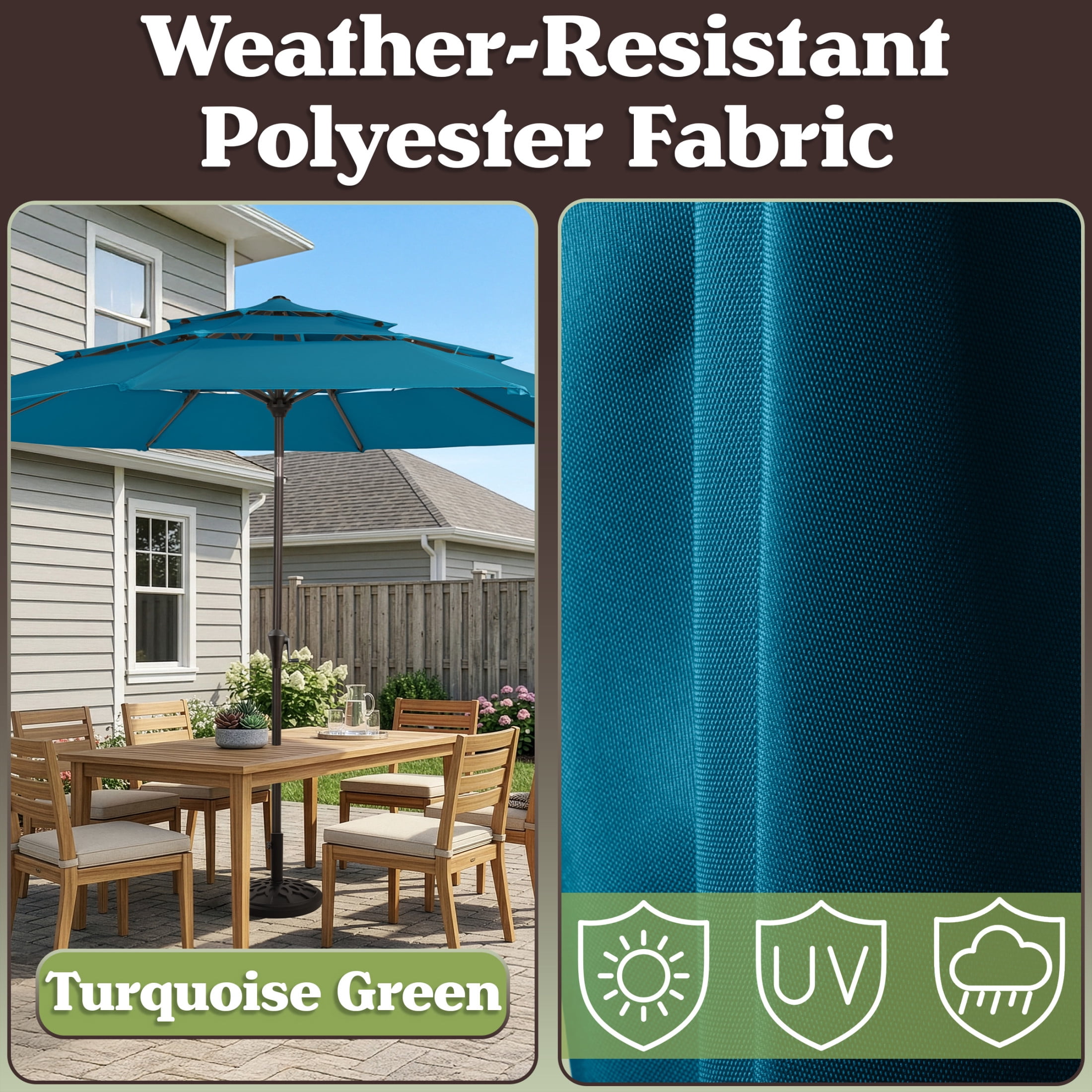 Pure Garden 10ft 3-Tier Umbrella for Patio Shade Canopy with 19lb Base, Turquoise Green
