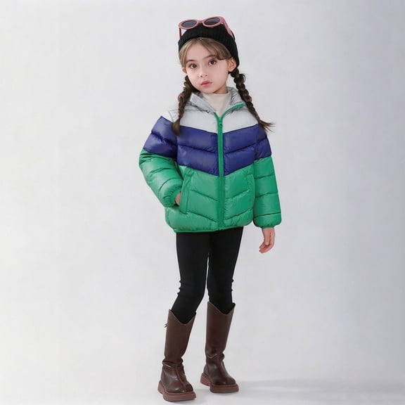 Girls' Color Block Zip Up Hooded Jacket, Two-Tone Design Casual Outerwear, Kids Lightweight Windproof Coat for Fall Winter Playground School Activities Green