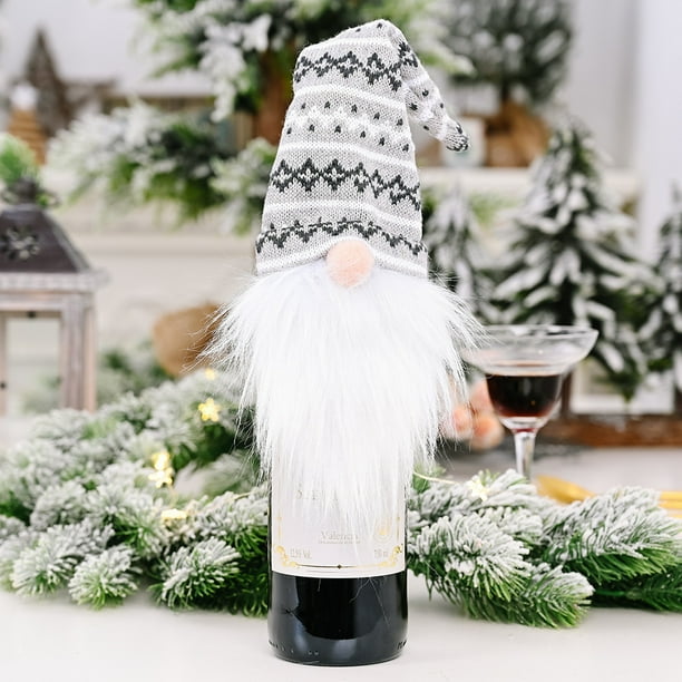 Adornos navideños, gorro de punto, funda para botella de vino, muñeco sin rostro, funda para botella de vino, decoración para botella de vino tinto
