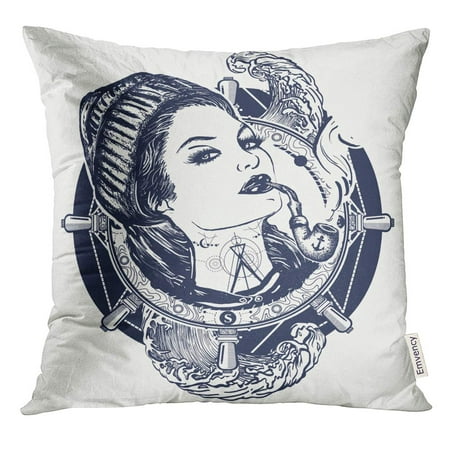 STOAG Adventure Woman Sailor Tattoo and Design Pin Up Style Girl in The Seaman's Suit Portrait of Cap Captain Throw Pillowcase Cushion Case Cover 16x16 inch