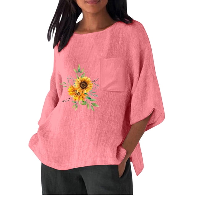 Birdeem Chemise Imitation Coton et Lin pour Femmes Manches 3/4 Col Rond T-Shirt Ample Décontracté Léger et à la Mode Haut d'Été