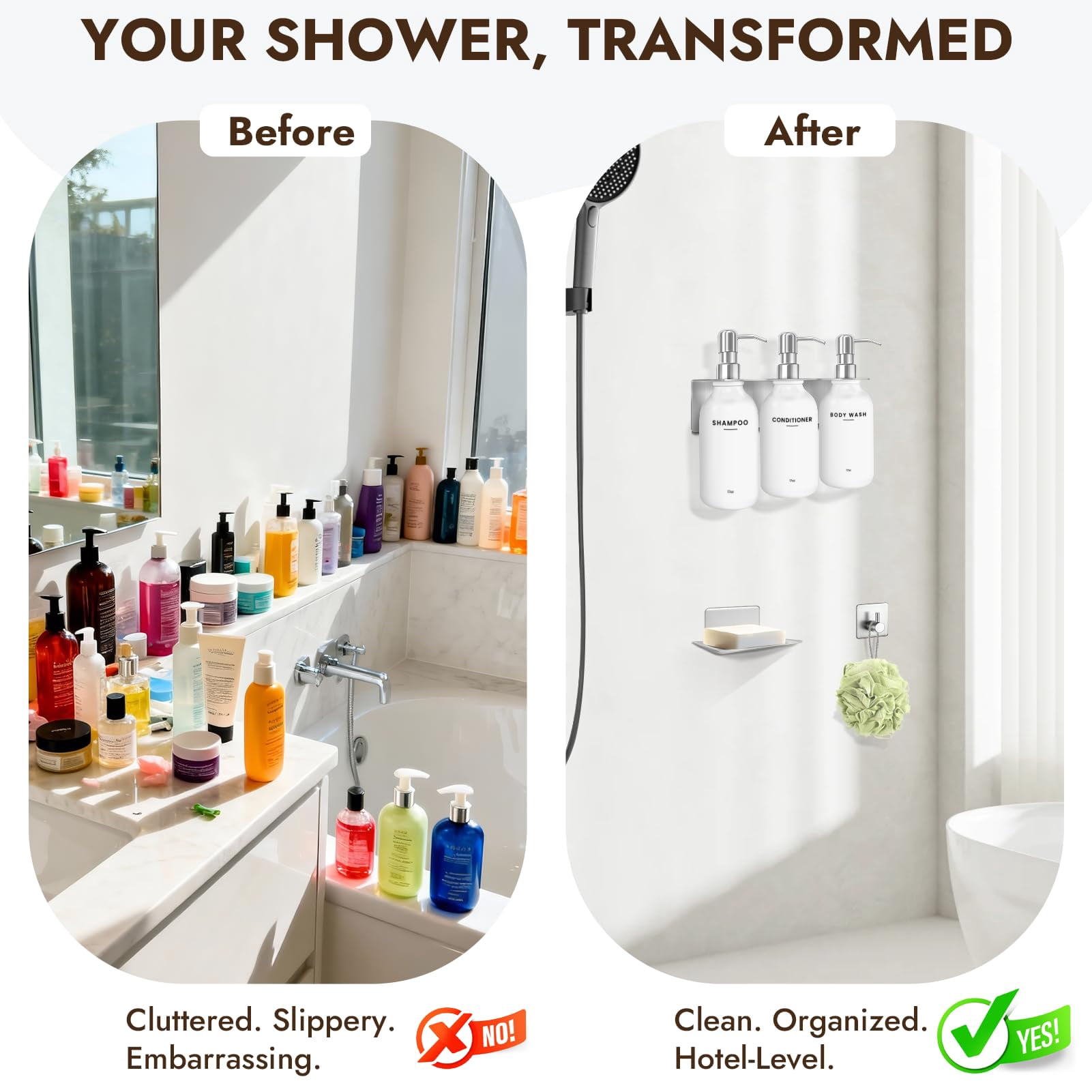 Shampoo and Conditioner Dispenser - Shower Soap Dispenser Wall Mounted - 17 fl oz Set of 3 Silver Plastic Bottles with Pumps & No-Drill Adhesive Holders for Bathroom