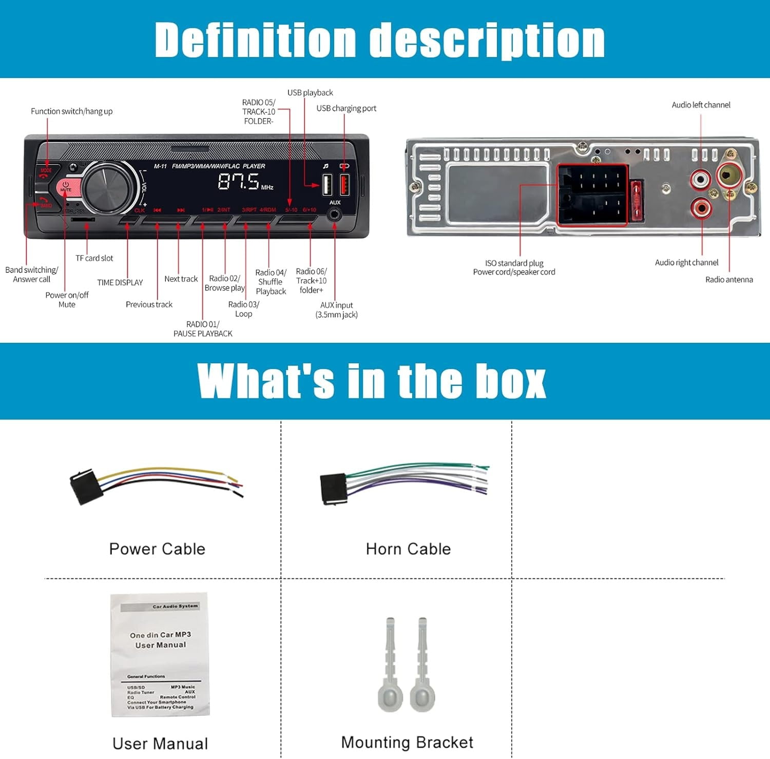 PODOFO Auto Car Radio Stereo 1 DIN 12V MP3 Player Bluetooth USB/SD/AUX-IN Music FM