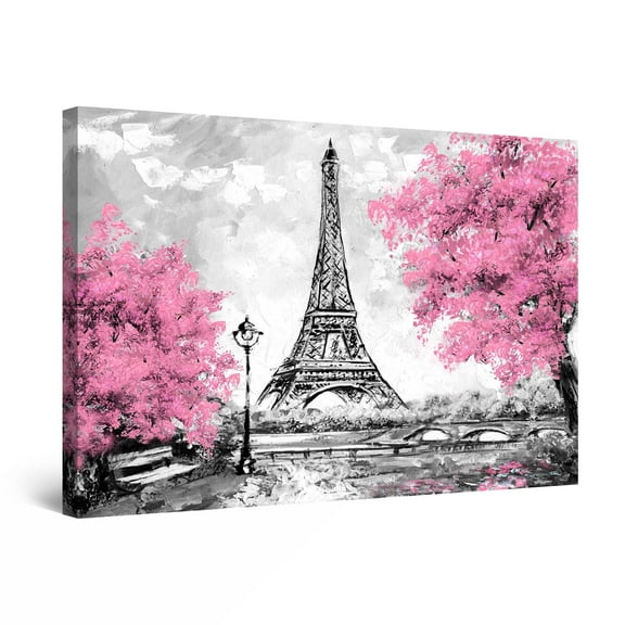 Startonight Canvas Wall Art Abstract Paris Pink Trees Eiffel Painting, Framed 24" x 36" 