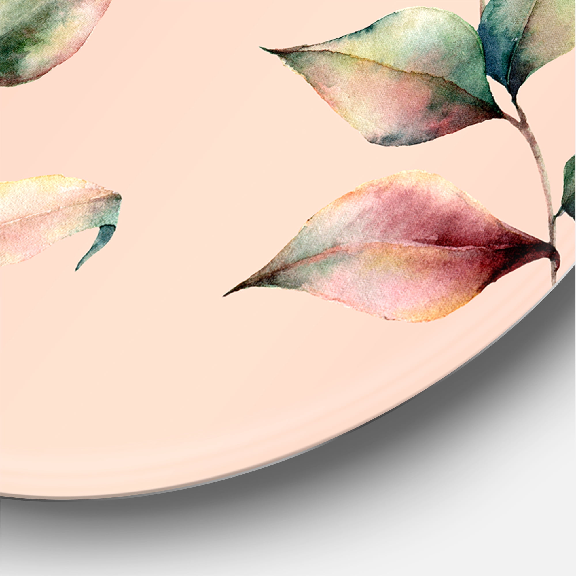 Designart 'Autumn Pink Leaves with Branch On Pastel Colors' Traditional Circle Metal Wall Art 11x11 - Disc of 11