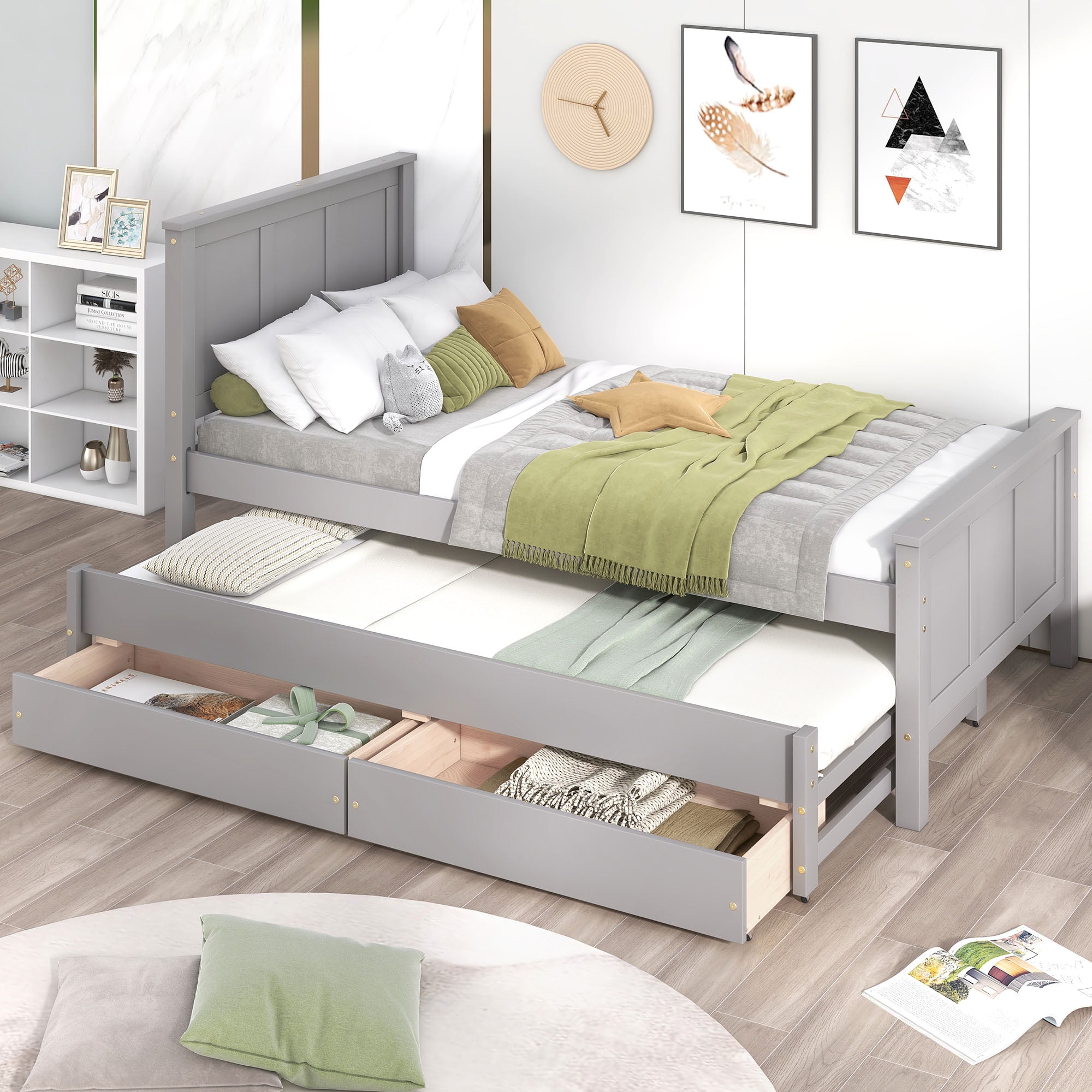 Euroco Twin Size Platform Bed with Trundle and Drawers, Gray