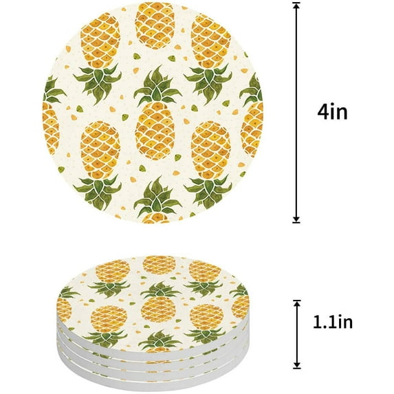 FMSHPON Pineapple Set of 4 Round Coaster for Drinks, Absorbent Ceramic Stone Coasters Cup Mat with Cork Base for Home Kitchen Room Coffee Table Bar Decor