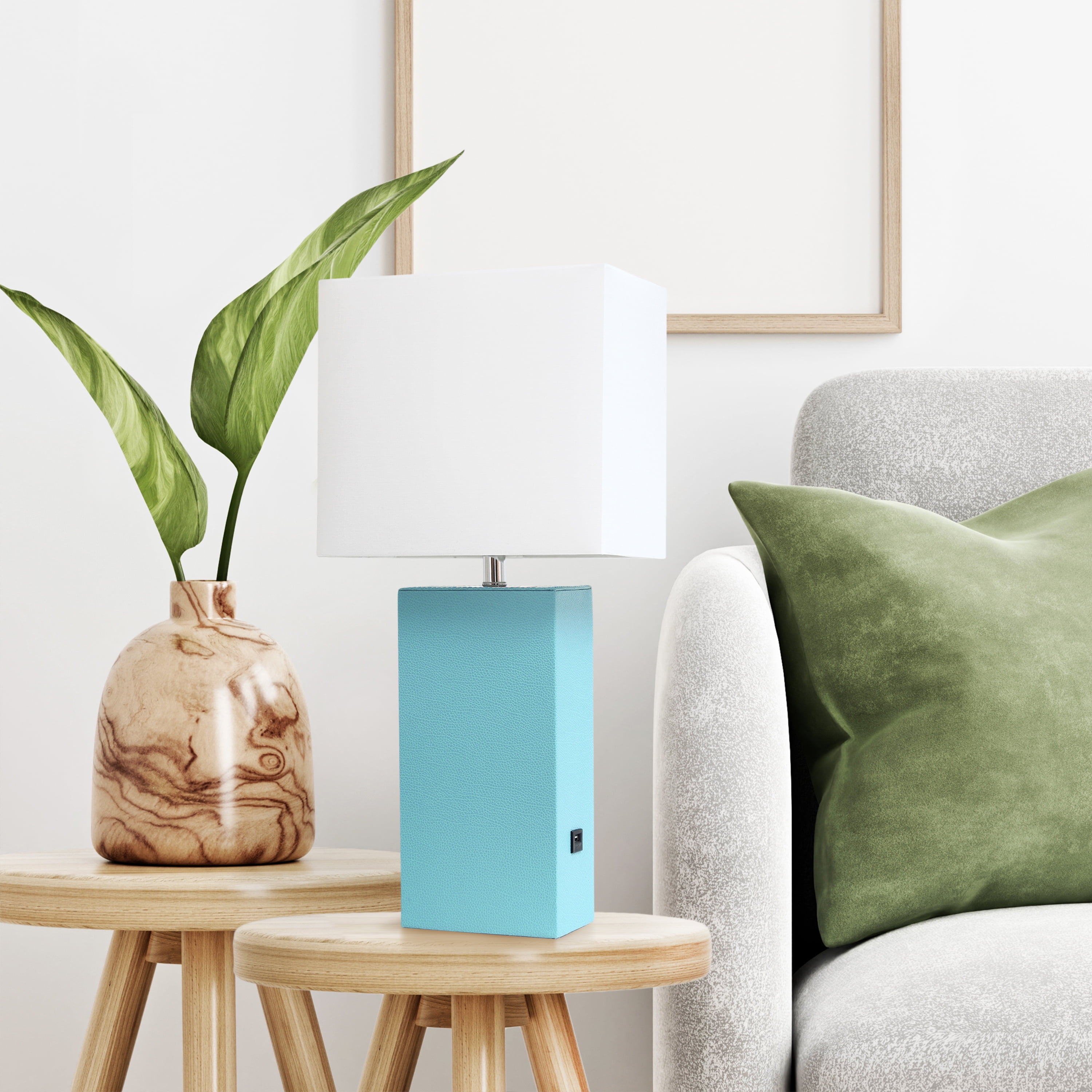 Lalia Home 21" Leather Modern Bedside Table Lamp with USB Port and LED Bulb, Aqua
