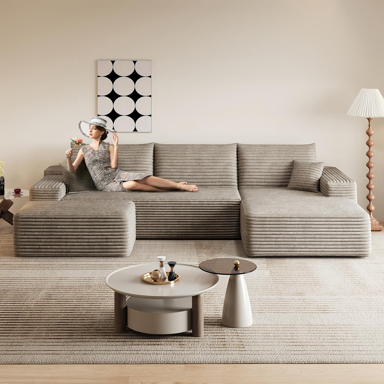 Sailvan 107" Cloud Sectional Couch, Cloudy Sofa with L-Shape Chaise & Ottoman, Upholstered Couches for Living Room & Bedroom, No Assembly Required, Plush Corduroy Fabric, Camel
