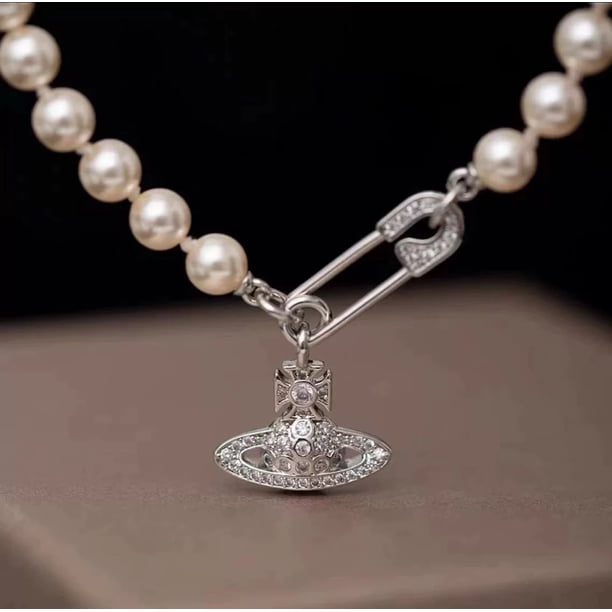 Collar Saturno Perlas Artificiales Diamantes Planeta Luz Lujo High Feeling Collarbone Cadena