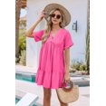 thumbnail image 5 of Women'S Short Sleeve V Neck Ruffle Hem Solid Swing Smock Dress Casual Loose Fit Mini Dress Summer Beach Wear Rose red L, 5 of 9
