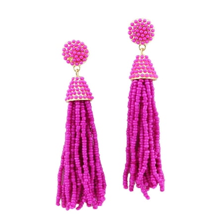 Women Fashion Handmade Hand Beaded Tassels Long Earrings (Hot Pink)