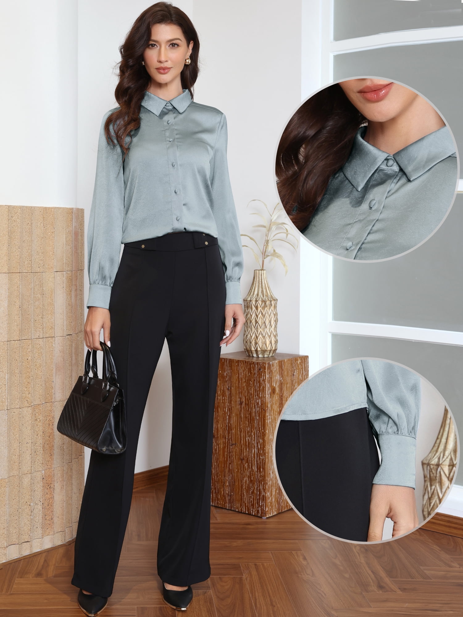 DARING DIVA Women's Work Silk Satin Button Down Long Sleeve Tops Blouse XS Grey Blue