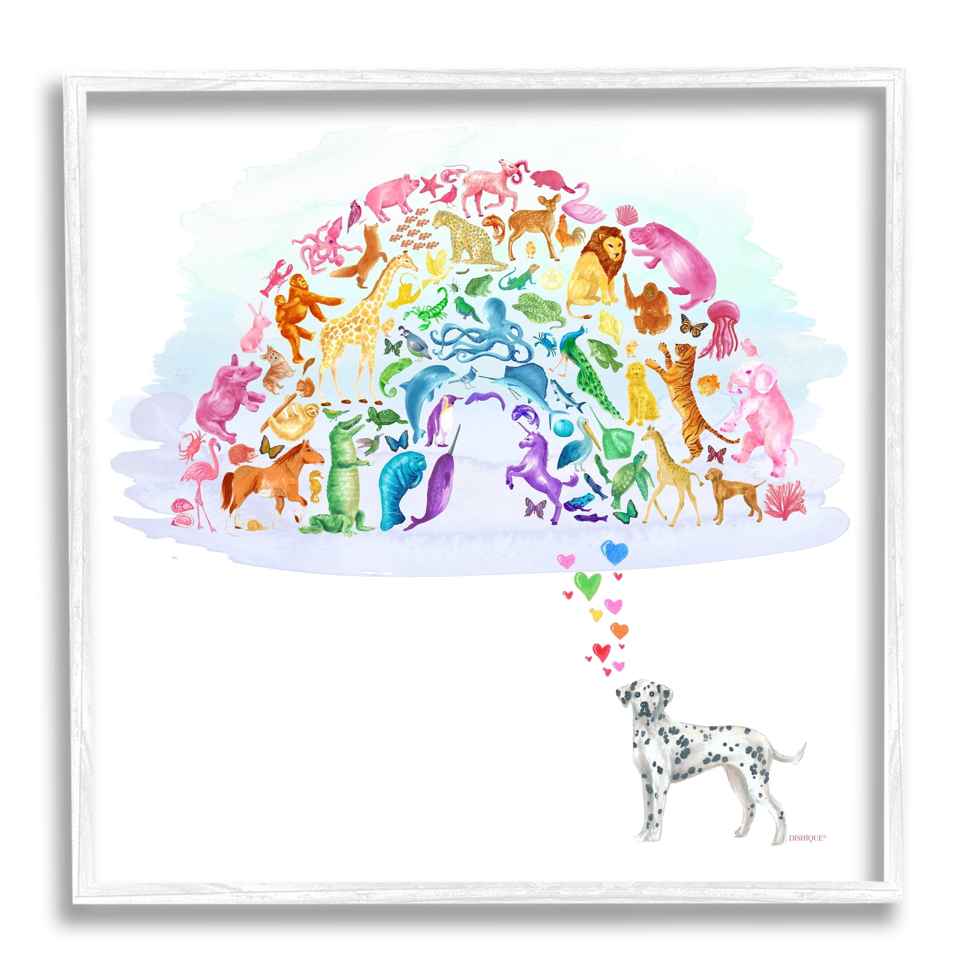 Stupell Industries Bright Rainbow Animals Dalmatian Dream Arch Shape Graphic Art White Framed Art Print Wall Art, Design by Dishique