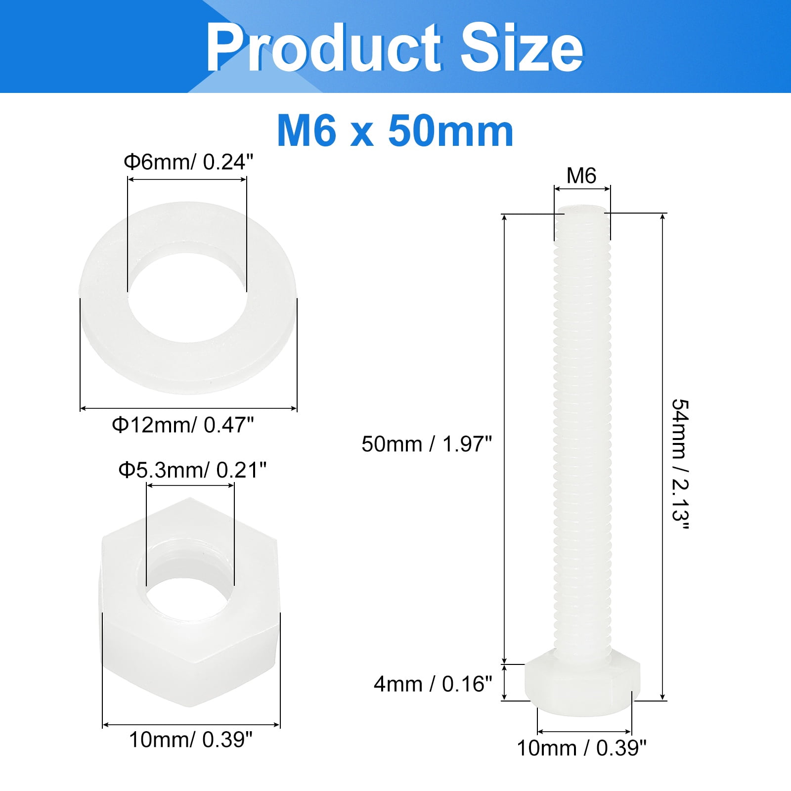 Uxcell 300 Pack/100 Sets Nylon Hex Bolts, M6 x 50mm Plastic Full Threaded Hex Head Screws Bolts and Nuts with Flat Washers for Machinery Electronics Industrial Accessories, White