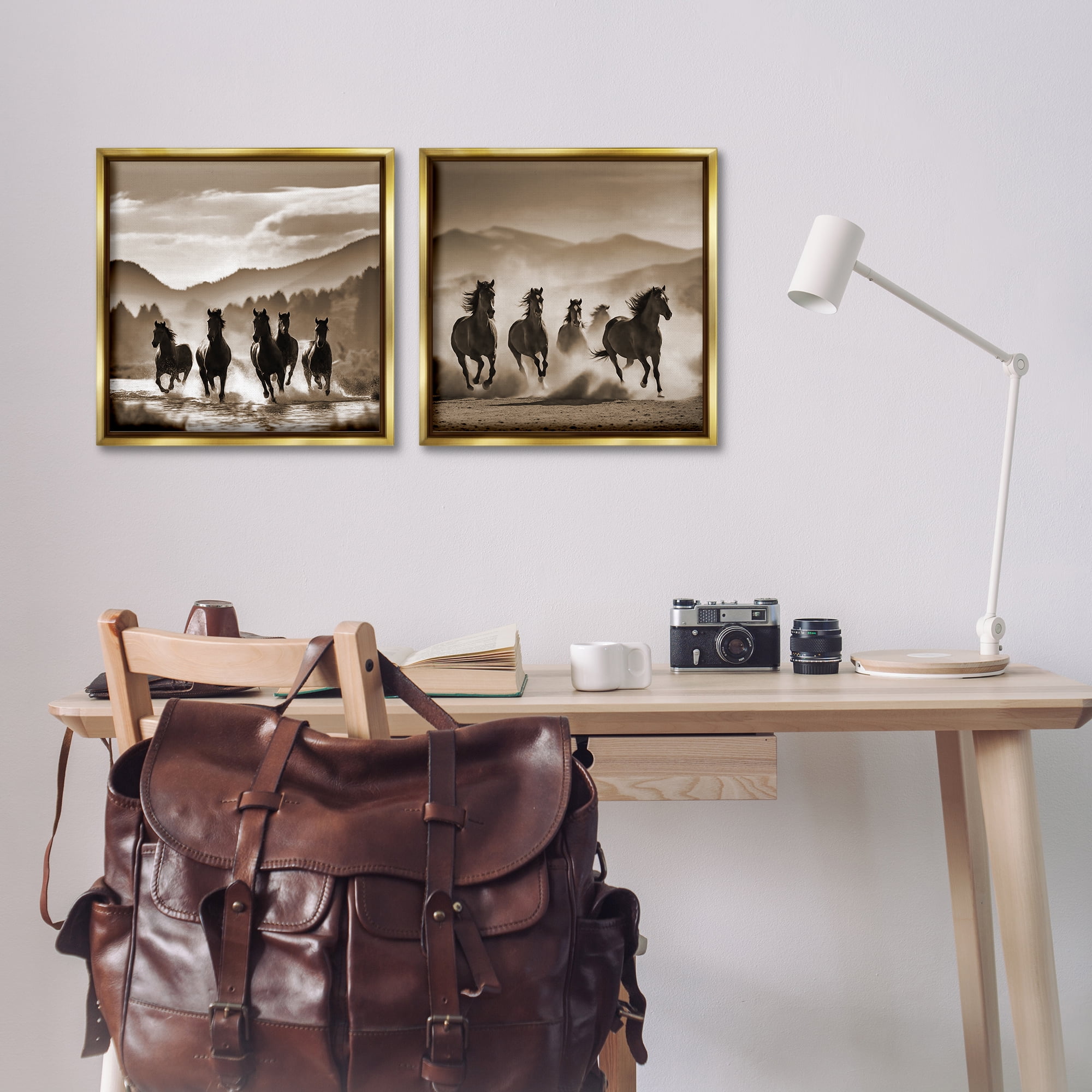 Stupell Industries Running Mountain Stallions Landscape & Nature Photography Gold Floater Framed Canvas Art Print Wall Art, 18 x 18, Set of 2