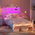 thumbnail image 2 of Yoneston Twin Size Power Outlet LED Light Metal Platform Bed Frame with 2-Tier Storage Charging Station Headboard for Girls Teens Kids Bedroom, White, 2 of 12
