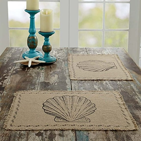 VHC Brands Sandy Burlap Seashells Nautical Cotton Coastal Tabletop Kitchen Stenciled Placemat Set of 6 Set 12x18 Tan