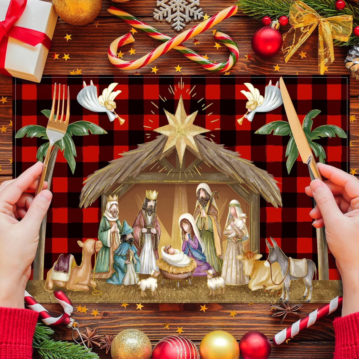 Rdsfhsp Christmas Placemats Set of 6, Merry Christmas Linen Table Mats Kitchen Mat for Dining Table, Xmas Holy Night Dining Place Mat for Holiday Decor, 12 x 18 inch