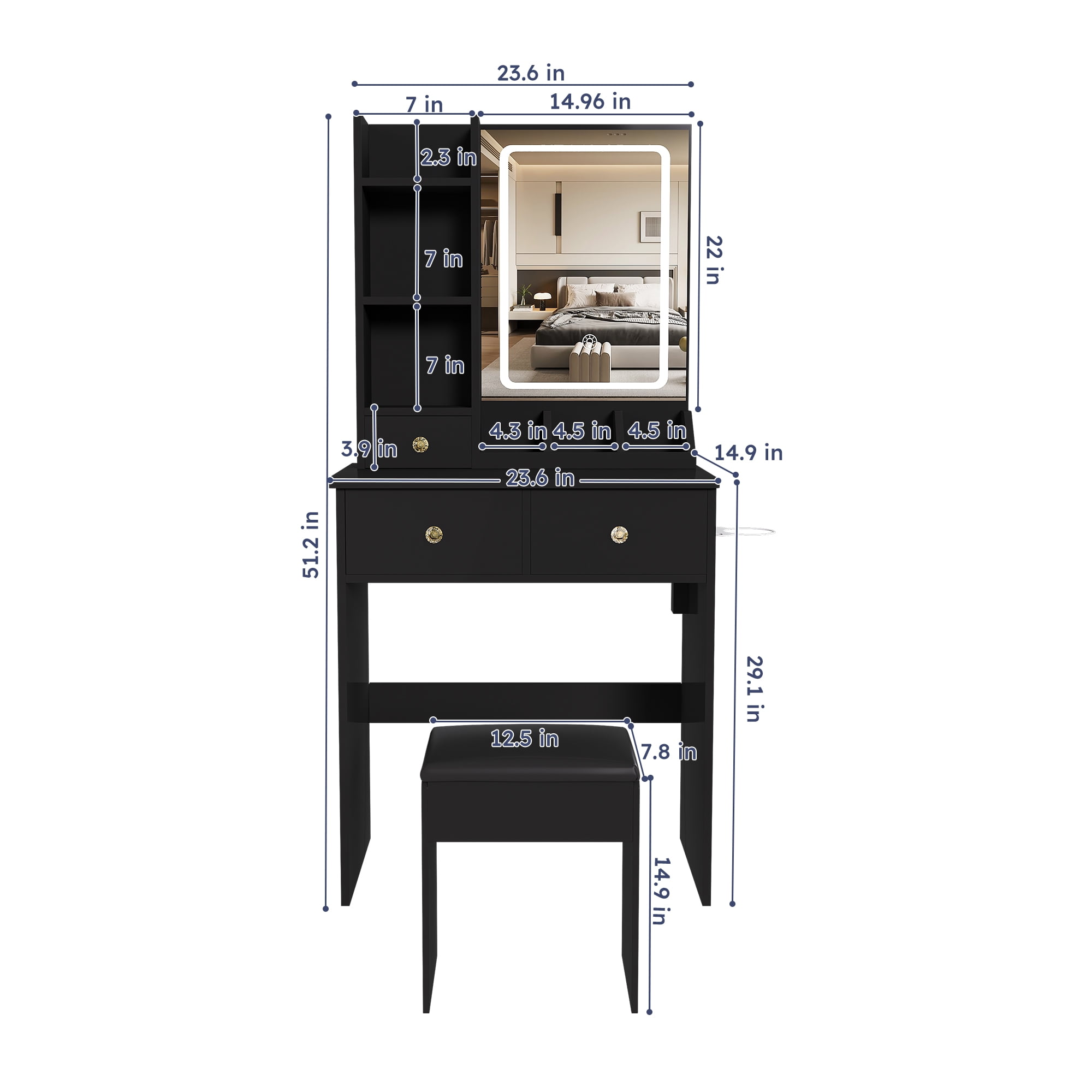 Mintazer Modern Vanity Desk Set with LED Lighted Mirror & Stool, Makeup Vanity with Power Outlet, Hair Dryer Holder, 3 Drawers & Open Shelves, Black