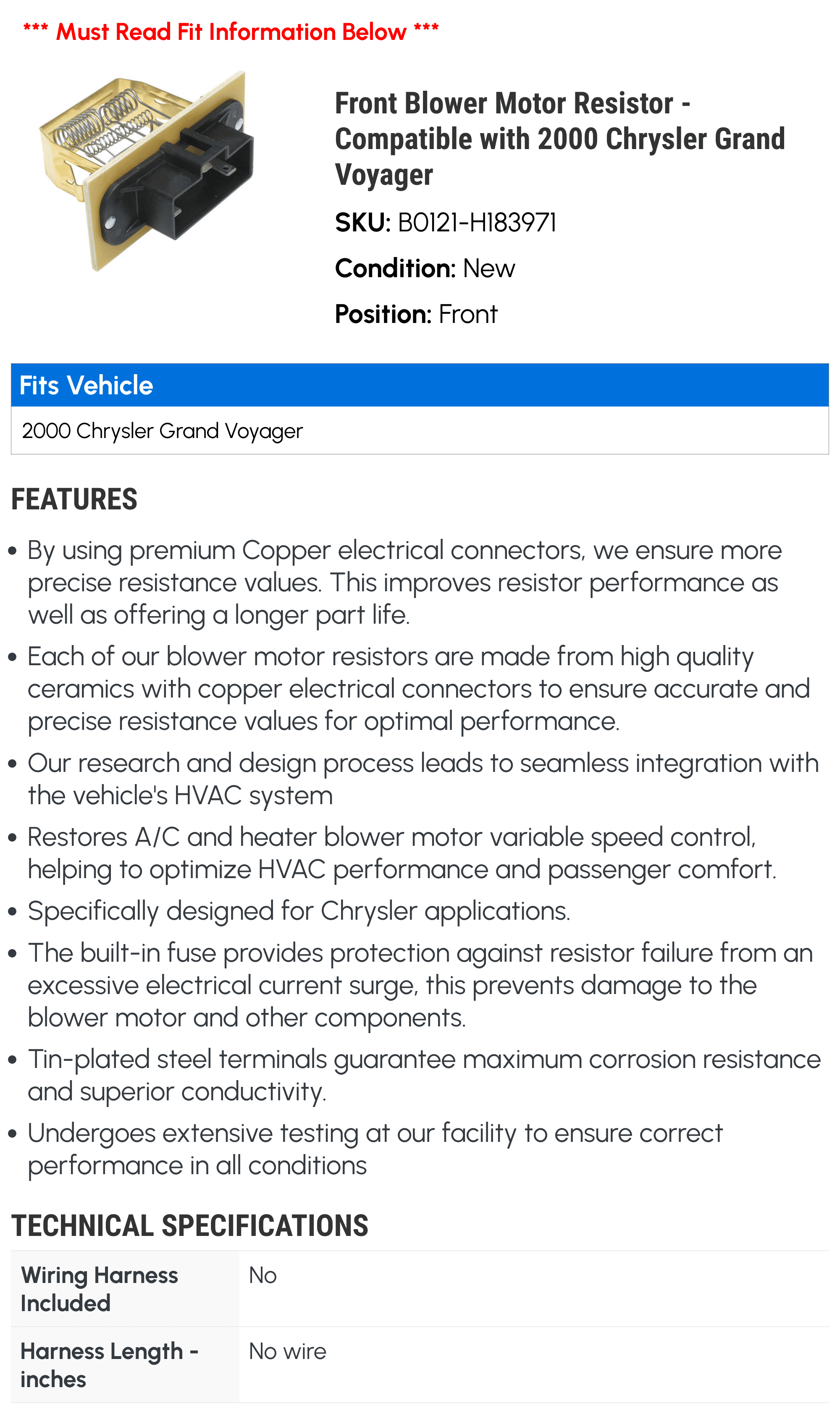 Front Blower Motor Resistor - Compatible with 2000 Chrysler Grand Voyager