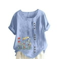 thumbnail image 2 of HOMBOM Womens Cotton Linen Shirts Button Summer Light Blue Short Sleeve Plus Size Crewneck T Shirts for Women Floral, 2 of 4
