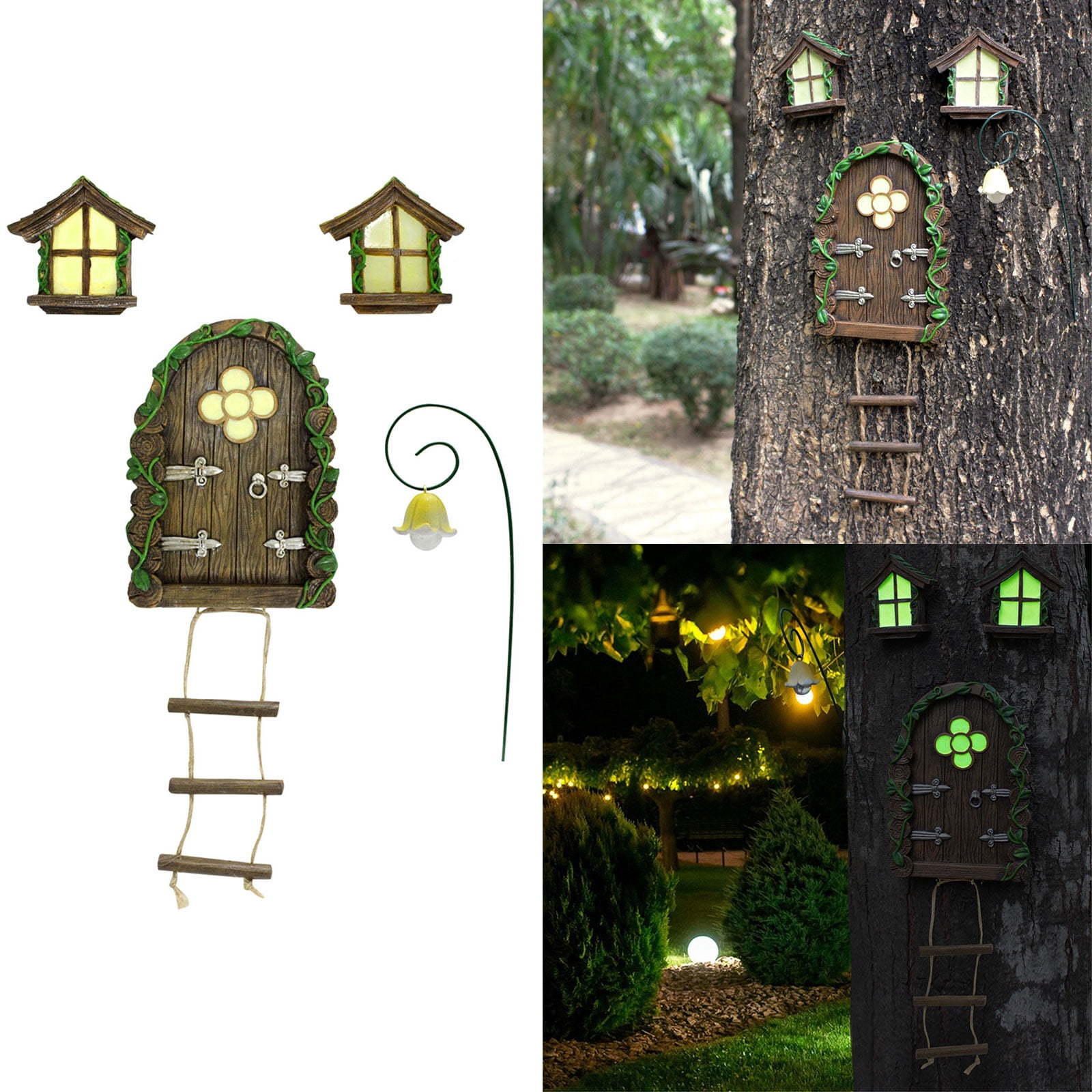 Fairy Door for Trees Miniature Fairy Garden with Fairy Lamp Glow in Dark Yard Art Sculptures Home Indoor Outdoor