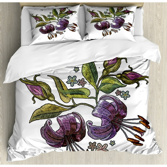 Floral Duvet Cover Set, Pattern of Classical Tiger Lillies on Plain Background, Decorative 3 Piece Bedding Set with 2 Pillow Shams, Calking Size, Pale Fuchsia Plum, by Ambesonne