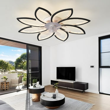 Ganeed 35.4" Black Flower Ceiling Fan with Light Remote Control, Low Profile Flush Mount Ceiling Fan for Kitchen Bedroom Living Room