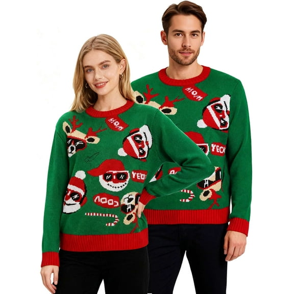 Gustave Couples Christmas Sweater for Women Men Knitted Ugly Xmas Sweaters Pullover Santa Reindeer Snowman Unisex Crew Neck Long Sleeve Holiday Sweatshirts Tops Matching Outfits