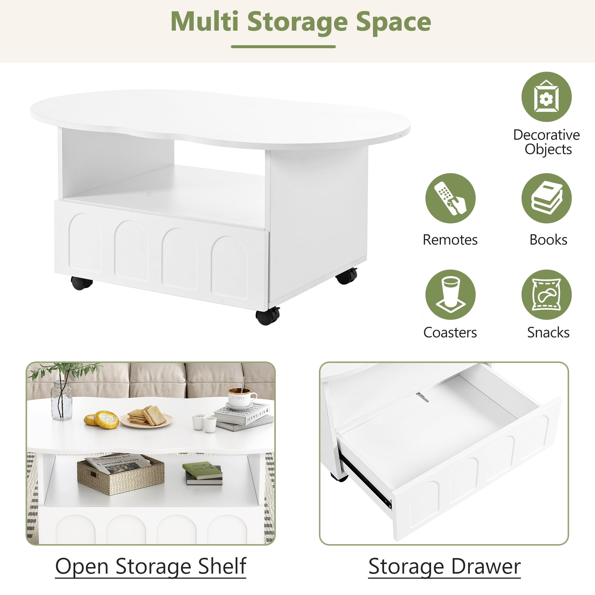 MAYEERTY Flexible Cream Style Coffee Table with 2 Brake Wheels, Cloud Top Side Table with Drawer, Irregular Center Table with Large Storage for Living Room, White, 39.37''x 23.6''