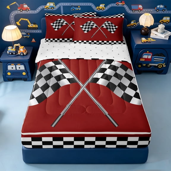 Erosebridal Classic Red Racing Flag Zipper Twin Comforter Sets with Fitted Sheet and 2 Pillowcases,Modern Geometric Checkered Zipper Bedding Set For Boys,Reversible,4-Piece