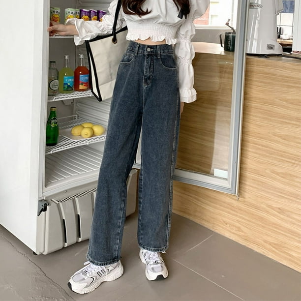 Pantalones vaqueros de estilo coreano para mujer, Jeans sueltos de nicho con piernas anchas para Pantalones rectos de cintura alta, moda