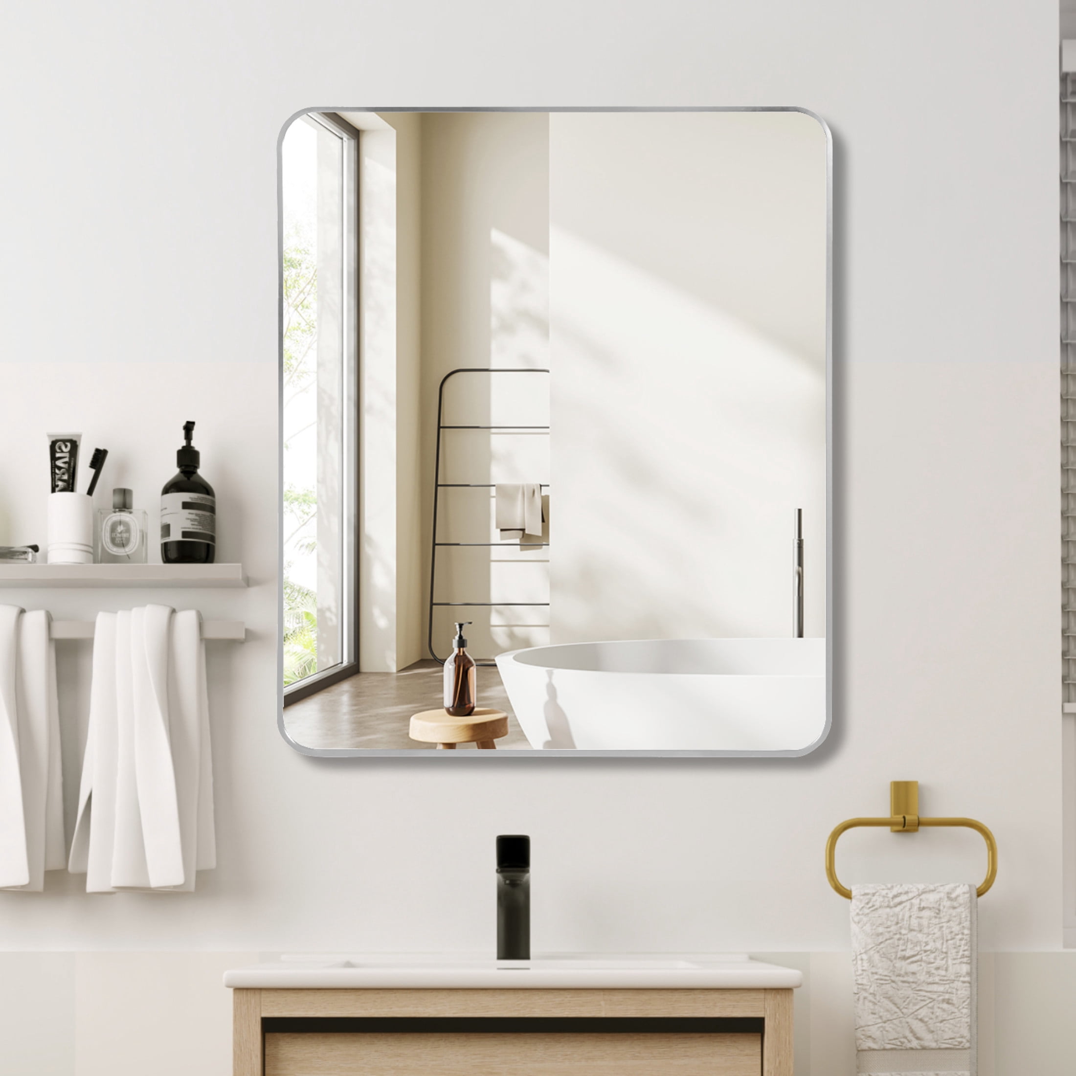 Noble House 30"x36" Rectangular Metal Wall Mirror, Vanity Mirror for Bathroom, Bedroom & Living Room, Silver