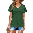 thumbnail image 1 of Tops con cuello en V Color puro Suave para la piel Tops con mangas abullonadas Camisetas de manga corta para ir de compras a diario, 1 of 6