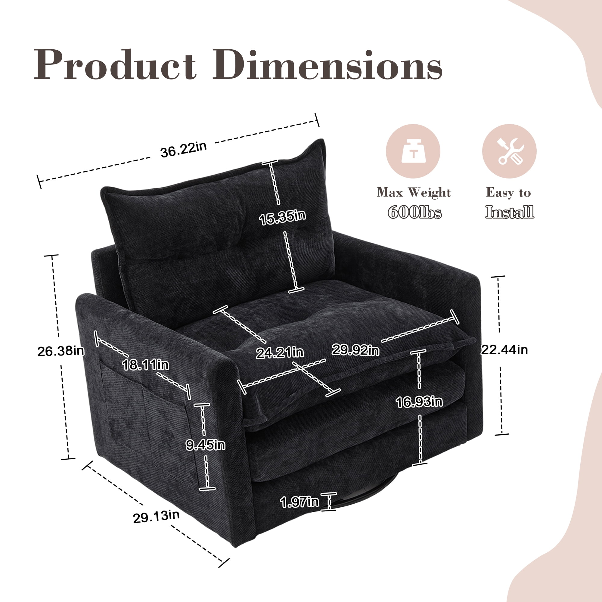 MOONMISS Chenille Upholstered 360°Degree Swivel Mid Century Modern Arm Chair for Living Room-Black