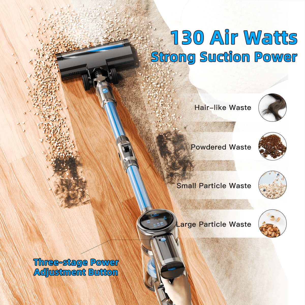 Texous Cordless Vacuum Cleaner 130AW Powerful Lightweight Bendable for Carpet Hard Floor Pet Hair House Cleaning V8
