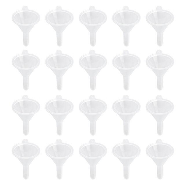 Juego de 20 embudos mini de plástico transparente para perfumes, aceites esenciales, arte en arena, botellas de laboratorio