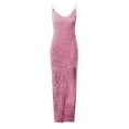 thumbnail image 3 of Sequin Cocktail Dress for Women Wedding Guest High Split Spaghetti Strap Slimming Dress V Neck Maxi Prom Party Ball Gown Pink M, 3 of 5
