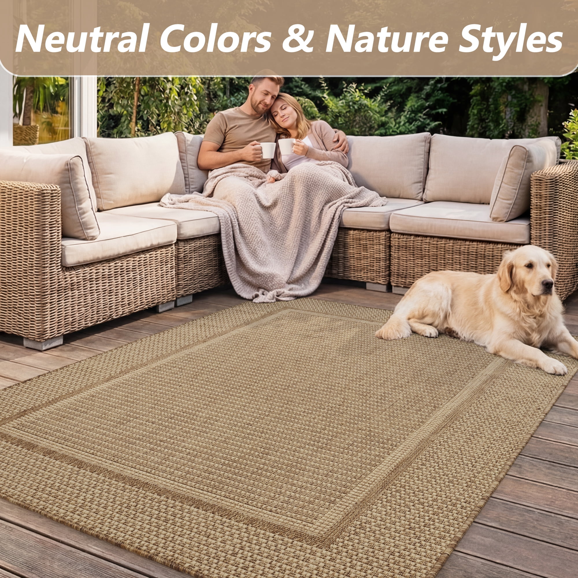 SIXHOME Outdoor Rugs 4'x6' Patio Rug Modern Bordered Indoor Outdoor Rugs Polypropylene Washable Non Shedding, Easy Clean, Waterproof, Durable Outdoor Carpet for Porch Balcony Deck Neutral Brown