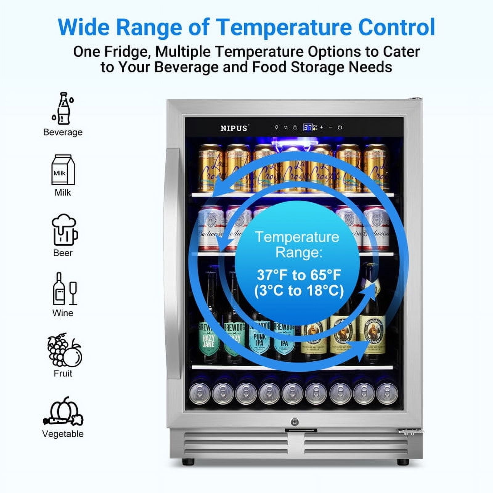 Nipus 24 Inch Beverage Refrigerator Cooler,190 Cans,Built-In ,Under Counter Soda Beer Cooler with Glass Door,For Home Kitchen Bar Office