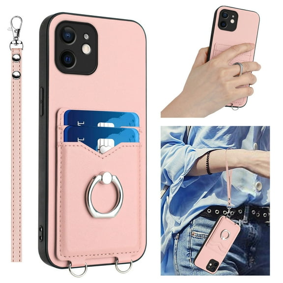 for iPhone 11 Case, Card Holder Wallet Case, Ring Holder Stand, Wrist Hand Strap, PU Leather Anti-Scratch Shockproof Protective Flip Phone Cover for iPhone 11 Case, Rosegold