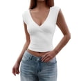 thumbnail image 3 of Women'S Y2K V-Neck Wrap Front Cap Sleeve Fitted Cropped Tank Tops White M, 3 of 8