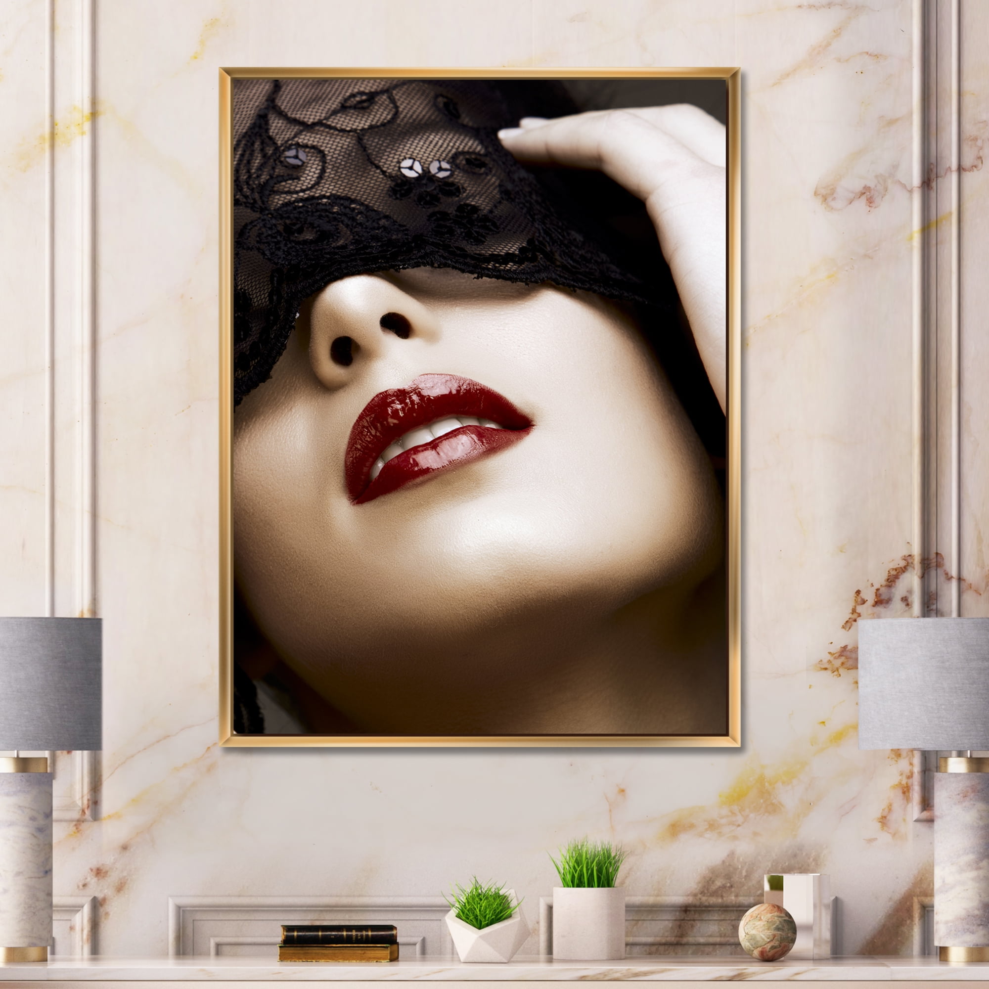 Designart 'Portrait Of Modern Girl With Mask' Modern Framed Canvas Wall Art Print